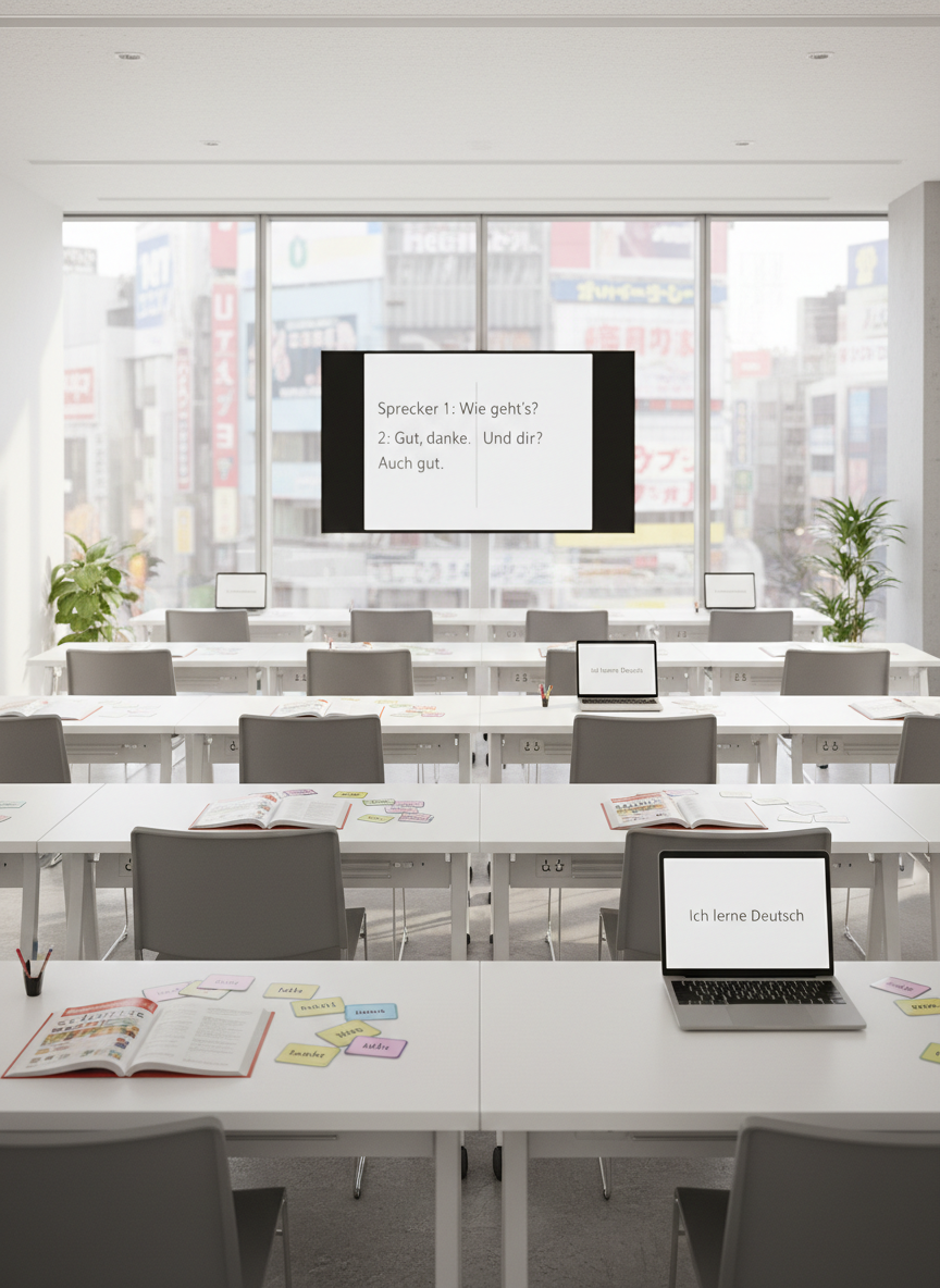 A modern, light-filled German language classroom in Shibuya, Tokyo, shown in photographic realism. Sleek white desks sit in neat rows, each with an open German textbook, colorful vocabulary flashcards, and a slim silver laptop displaying a simple German sentence. A large wall-mounted screen at the front shows a clear A1-level German dialogue with tidy typography. Floor-to-ceiling windows reveal a softly blurred Tokyo cityscape with subtle hints of Shibuya signage. Diffused afternoon daylight creates gentle reflections on the desks and a calm, professional atmosphere. Shot at eye level with a slight wide-angle lens, sharp focus throughout, clean composition emphasizing order, clarity, and contemporary language learning.