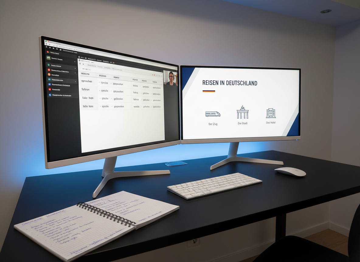 A dual-monitor desktop setup dedicated to online German instruction, rendered in sharp photographic realism. On the left monitor, a clean video-conferencing interface shows a shared digital whiteboard with clearly typed German verb conjugation tables. On the right, a presentation slide displays vocabulary for traveling in Germany with icons of trains and city landmarks. A slim, wireless keyboard and mouse rest on a matte black desk surface, alongside a neatly placed notebook open to structured notes in German. Subtle LED backlighting behind the monitors adds a gentle blue glow to the wall. Overhead, soft, neutral-toned lighting reduces glare, creating a focused, high-tech atmosphere. Captured from a slight side angle at desk height with moderate depth of field, emphasizing professionalism and modern online learning.