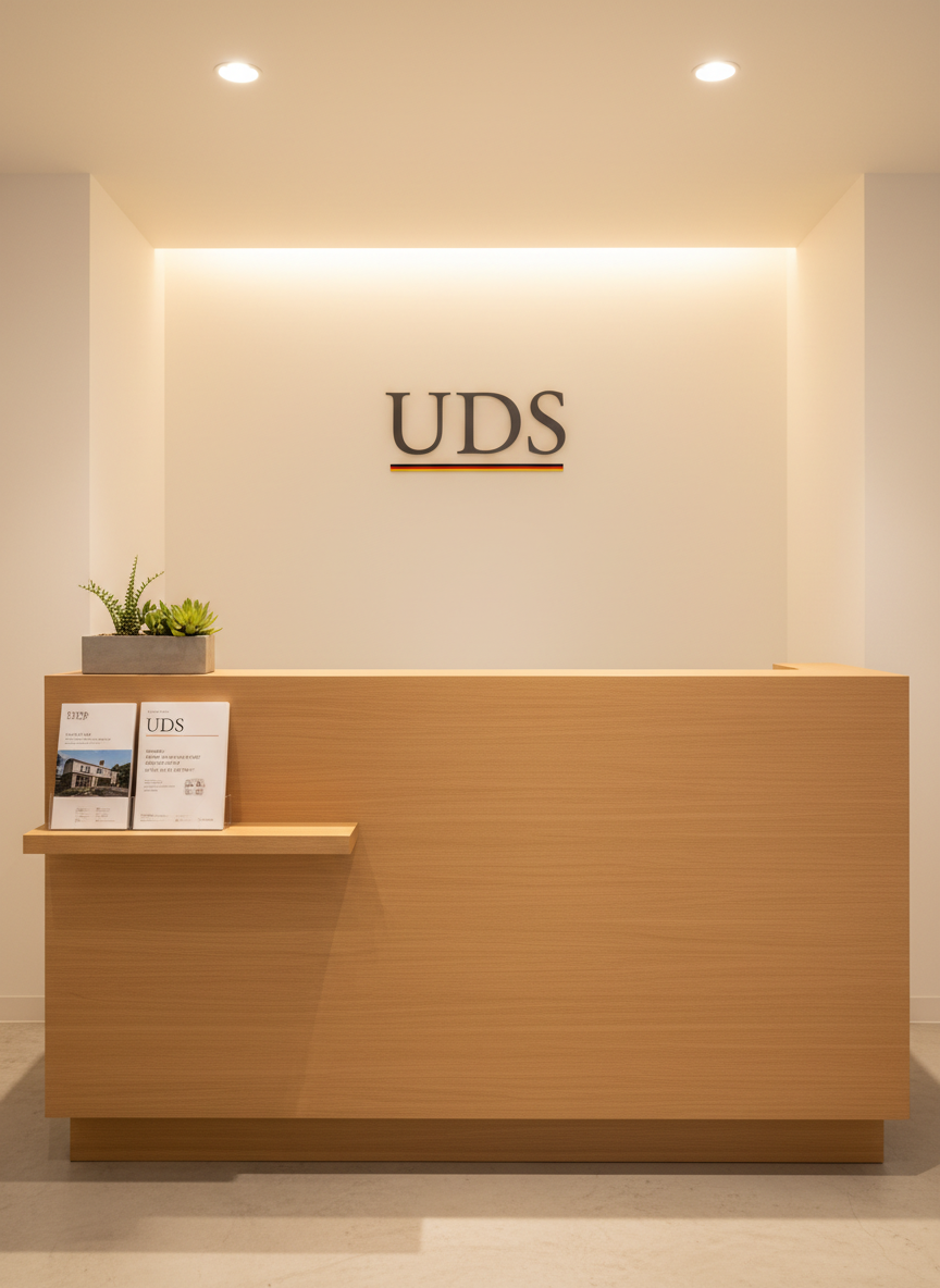 An elegant reception counter of a German language school in Shibuya, styled with clean, modern photographic realism. A smooth light-wood counter stands against a white wall featuring the school name “UDS” in refined dark-gray lettering, with a subtle red, black, and gold accent line evoking the German flag. To one side, a small stack of neatly arranged course brochures with crisp typography in Japanese and German rests beside a simple concrete planter holding a small green plant. Soft, warm, indirect lighting from recessed ceiling fixtures and a concealed LED strip behind the logo creates a welcoming yet professional glow. Shot from a slightly elevated angle with balanced composition, sharp focus, and a calm, trustworthy atmosphere.