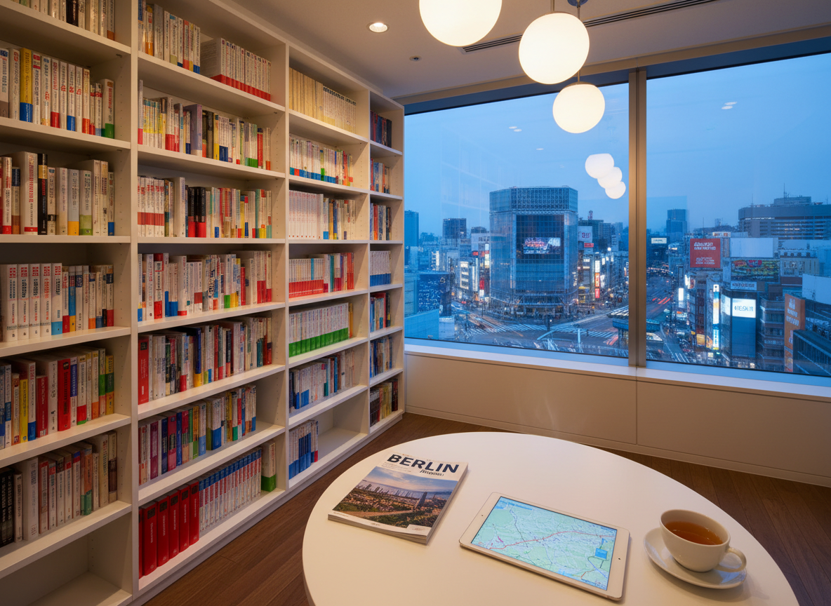 A high-floor Shibuya office interior converted into a German language learning lounge, depicted in clean photographic realism. Low white bookshelves are filled with German novels, graded readers, and exam prep books, their spines forming subtle rows of color. A large window runs along one wall, revealing a softly blurred view of Shibuya’s city lights at dusk. A round white table in the foreground holds a German magazine about Berlin, a slim tablet showing a map of Germany, and a ceramic cup with herbal tea. Warm pendant lights cast soft pools of light, creating a relaxed yet academic atmosphere. Shot at eye level with moderate depth of field, the composition leading the eye from the cozy foreground to the city beyond.