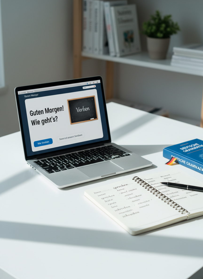 A minimalist, high-resolution close-up of a clean white desk set up for online German study, captured in photographic realism. At the center, a modern laptop displays a neatly designed virtual classroom interface with German phrases and a small digital blackboard. Beside it lies a smooth notebook open to neatly handwritten German vocabulary, with a fine-tip black pen resting diagonally. A small red-and-gold German flag bookmark peeks from a grammar book. Soft, cool-toned natural light from an unseen window to the left casts delicate shadows and a professional, focused mood. Background elements, such as a blurred bookshelf with organized language resources, remain out of focus thanks to a shallow depth of field and centered, balanced composition.