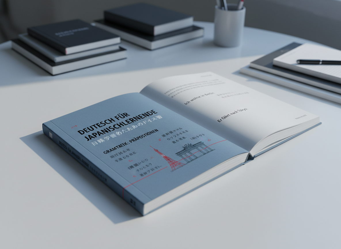 A close-up, photographic image of a high-quality German language textbook specifically designed for Japanese learners, resting on a smooth white table. The cover features clean modern typography in both Japanese and German, with a subtle illustration of Tokyo Tower and Berlin’s Brandenburg Gate connected by a thin red line. The book is partially open, revealing well-structured grammar explanations with Japanese annotations and neatly aligned example sentences. Soft, cool natural light coming from the right creates delicate highlights on the slightly textured cover and faint shadows along the pages. The background is softly blurred, suggesting additional neatly stacked study materials. The composition is centered with a shallow depth of field, communicating precision, reliability, and modern cross-cultural learning.