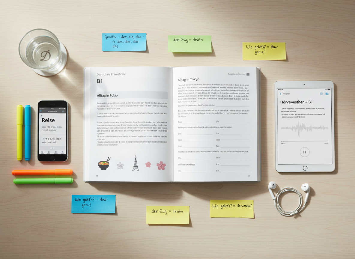 A detailed, high-resolution overhead view of a neatly arranged German self-study kit on a pale oak table, captured with photographic realism. At the center lies an open B1-level German workbook showing a page of dialogue about everyday life in Tokyo, with tidy printed text and small icons. Around it are color-coded sticky notes with handwritten German phrases, a smartphone displaying a German-Japanese dictionary app, and highlighters arranged in a precise row. A slim tablet shows an audio player interface labeled “Hörverstehen – B1”. Soft, diffused morning light from the top of the frame creates gentle, natural shadows and a serene, studious atmosphere. The flat-lay composition is balanced and uncluttered, emphasizing organization, motivation, and modern learning tools.