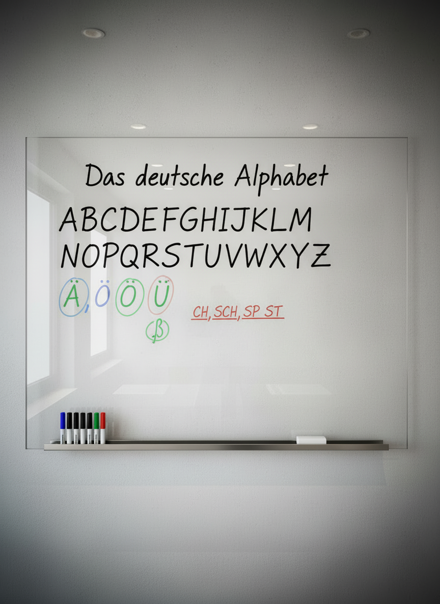 Ein modernes Glasboard in einem hellen, freundlichen Kursraum. Auf dem Glasboard steht das deutsche Alphabet in sauberer, gut lesbarer Handschrift, ergänzt mit ein paar farbigen Markierungen. Stil ähnlich wie die bestehenden Bilder der Sprachschule, professionell, klar und einladend.